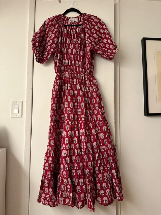 The Fox and the Mermaid Venice- Red Block Printed Tiered Maxi Dress by - Picture 1 of 3